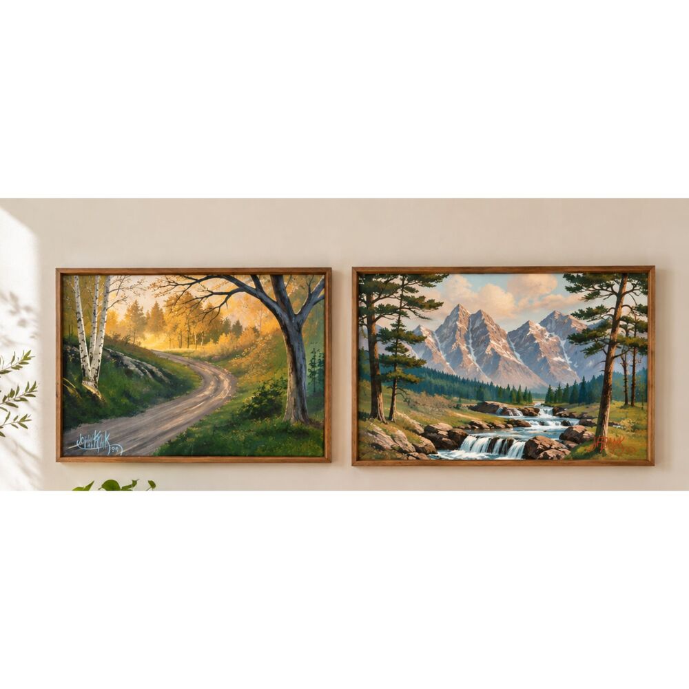 John Frank Original Landscape Paintings Pair Signed Framed Mountain Forest Art
